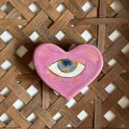 Handmade Ceramic Heart Evil Eye Wall Hanging Gold Nazar Boho Decor Valentine's Day Gift - thumbnail 2