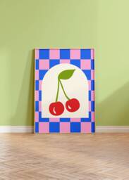 Checkerboard Cherry Print - Bomb, Wall Art, Pink Blue Trendy Poster, 90S Funky Bold Print, Reto Bedroom Colourful Art - thumbnail 1