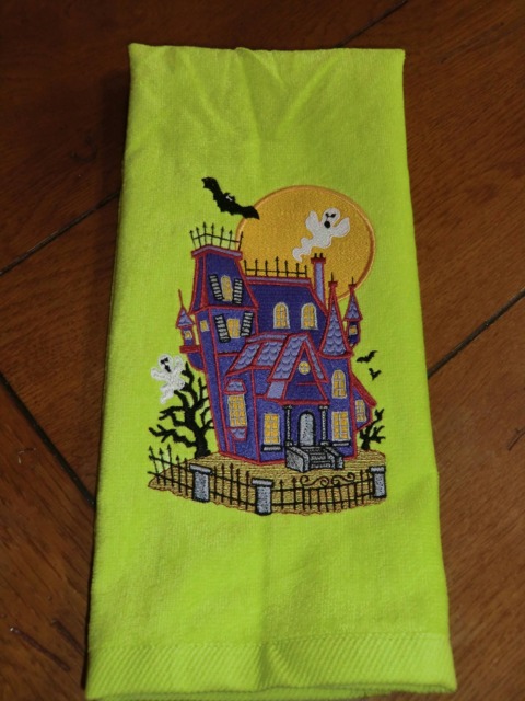 Embroidered Velour Hand Towel - Halloween Haunted House Lime Green