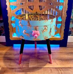 Light Blue & Orange Circular Tiger Table With Pink Handle . Ideal For Nightstand Or Sidetable Comes Inbuilt Drawer. Customisable