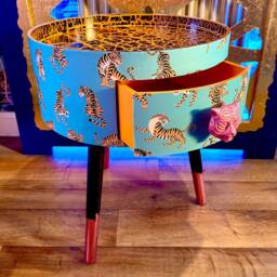 Light Blue & Orange Circular Tiger Table With Pink Handle . Ideal For Nightstand Or Sidetable Comes Inbuilt Drawer. Customisable - thumbnail 2