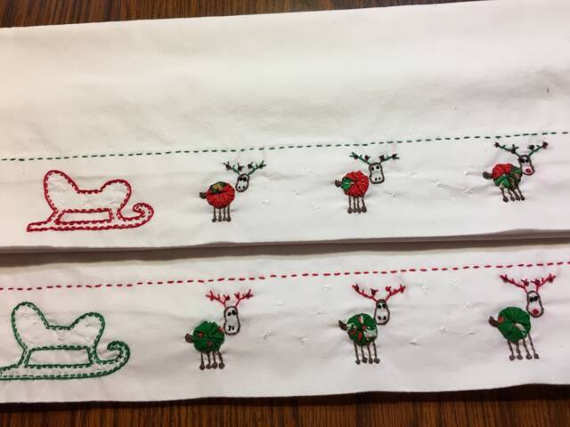 Hand Embroidered Christmas Pillowcase Set Sled & Reindeer - image 1