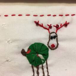 Hand Embroidered Christmas Pillowcase Set Sled & Reindeer - thumbnail 3