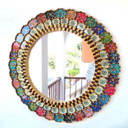 Large Round Gold Mirror - Colorful Boho Wall Handmade Peruvian Decorative Statement Unique Home Decor