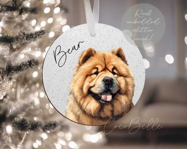 Personalised Chow Bauble, Digital Illustration Dog Name Real Glitter Christmas Pet Gift Ideas Lover Owner 2025 - image 1