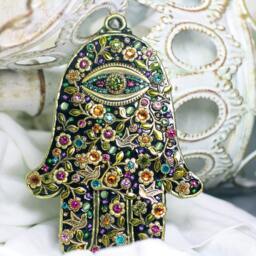 Floral Hamsa Wall Decor 24K Gold, Swarovski Crystals, Handmade