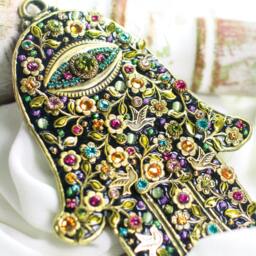 Floral Hamsa Wall Decor 24K Gold, Swarovski Crystals, Handmade - thumbnail 3