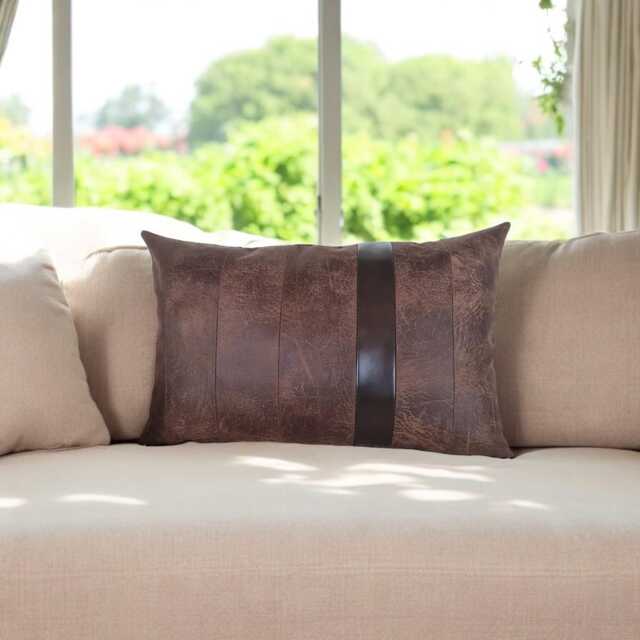 Brown Faux Leather Lumbar Pillow Cover Segmented Design, Waste-Free - image 1