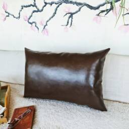Brown Faux Leather Lumbar Pillow Cover Segmented Design, Waste-Free - thumbnail 4