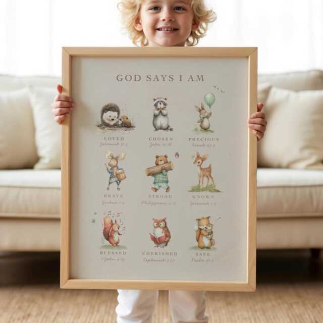 Christian Woodland Nursery Decor, Gift, Kids Biblical Affirmations, Printable Wall Art, Kid's Room, Neutral Nursery, Giraffe - 117 - image 1