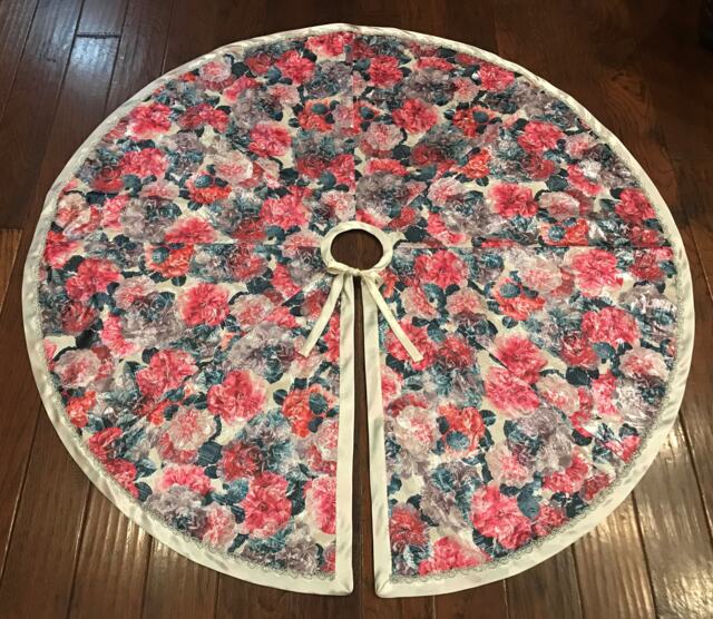 Handmade 54 Inch Floral Satin Christmas Tree Skirt-Made in Usa - image 1