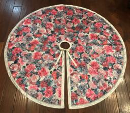 Handmade 54 Inch Floral Satin Christmas Tree Skirt-Made in Usa - thumbnail 1