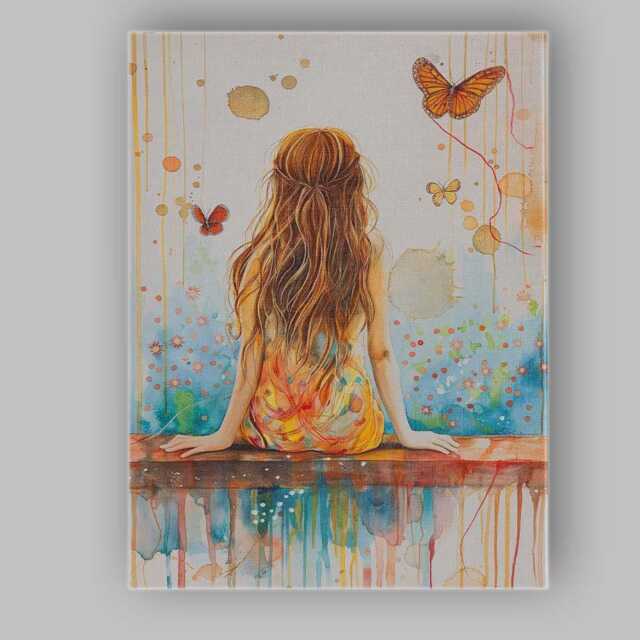 Dreamy Girl Back View Butterflies Watercolour Abstract Canvas Wall Art Print Decor Picture Ready To Hang - image 1