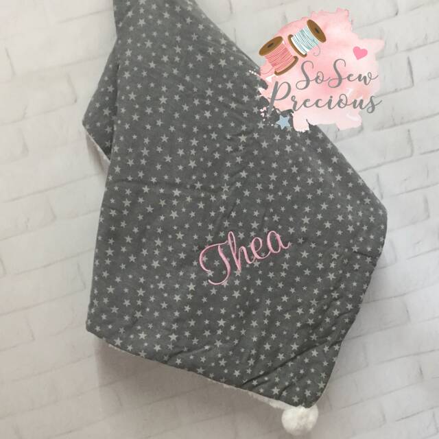 Personalised Baby Blanket, Embroidered, Star Print With Pom Poms & Sherpa , Personalized Baby Gift, Grey - image 1
