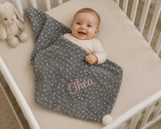 Personalised Baby Blanket, Embroidered, Star Print With Pom Poms & Sherpa , Personalized Baby Gift, Grey - image 1
