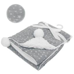 Personalised Baby Blanket, Embroidered, Star Print With Pom Poms & Sherpa , Personalized Baby Gift, Grey - thumbnail 2