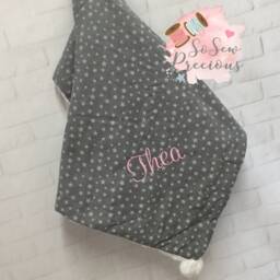 Personalised Baby Blanket, Embroidered, Star Print With Pom Poms & Sherpa , Personalized Baby Gift, Grey - thumbnail 2