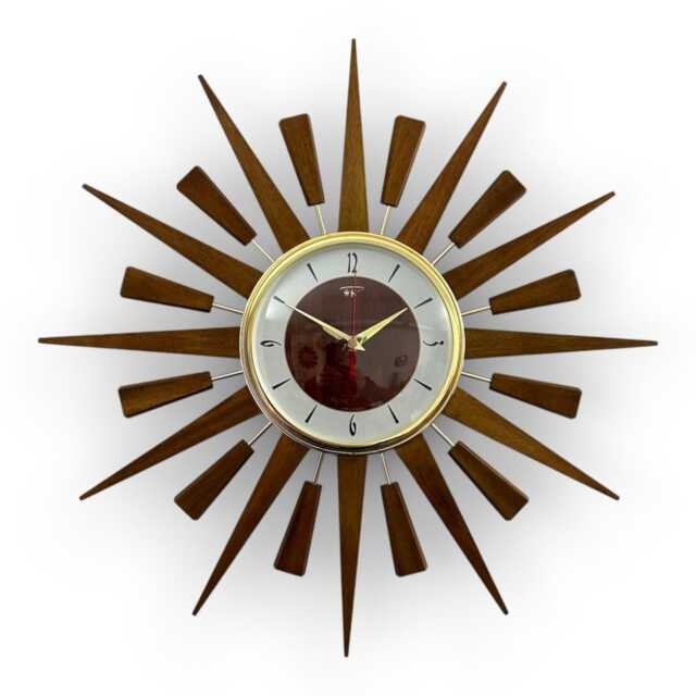 Handmade Mid Century Starburst Clock Teak Rays, Faux Walnut Face - image 1