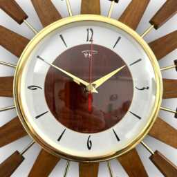 Handmade Mid Century Starburst Clock Teak Rays, Faux Walnut Face - thumbnail 3