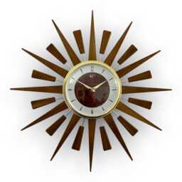 Handmade Mid Century Starburst Clock Teak Rays, Faux Walnut Face - thumbnail 1