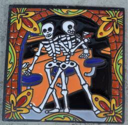 Talavera Mexican Tile Mosaic Day Of The Dead/Tiles Clay Catrin Drinking With He Friend