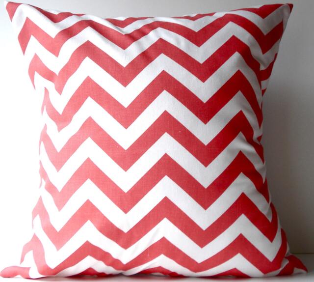 New 18x18 Inch Designer Handmade Pillow Case. in Coral & White Chrvron Zig Zag Pattern