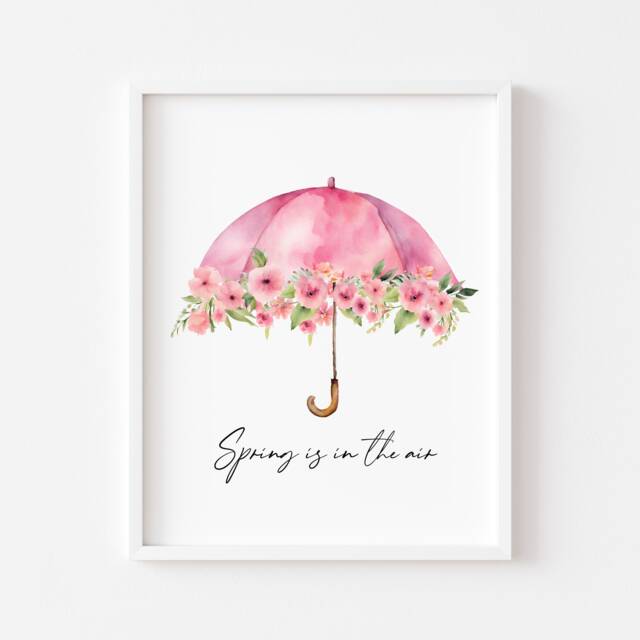Pink Floral Umbrella Spring Watercolour Unframed Wall Art Poster Print - image 1