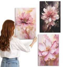 3 Piece Canvas Set - Floral Compositions in Shades Of Pink & White, Large Wall Art, Plants Flowers Decor - thumbnail 3