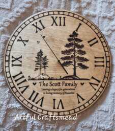 Personalised Wooden Wall Clock - Custom Memorial Family Name Silent Pine Tree Design Handmade Rustic Gift - thumbnail 1