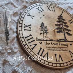 Personalised Wooden Wall Clock - Custom Memorial Family Name Silent Pine Tree Design Handmade Rustic Gift - thumbnail 2