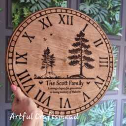 Personalised Wooden Wall Clock - Custom Memorial Family Name Silent Pine Tree Design Handmade Rustic Gift - thumbnail 3