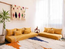 Yellow Moroccan Handmade Floor Sofa Set Cotton Yellow Cushion Seating Boho Style