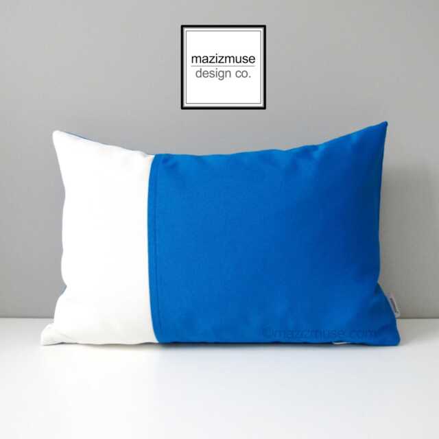 Pacific Blue & White Sunbrella?? Outdoor Pillow Cover in Modern Color Block, Cobalt Cushions For Pool/Patio Or Deck Chairs, Mazizmuse - image 1