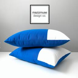 Pacific Blue & White Sunbrella?? Outdoor Pillow Cover in Modern Color Block, Cobalt Cushions For Pool/Patio Or Deck Chairs, Mazizmuse - thumbnail 3