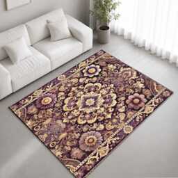 Purple Gold Ornate Floral Medallion Rug Non-Slip Soft Area Carpet Bedroom Living Room Hallway Mat Decor - Made in UK