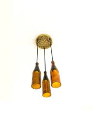 Victorian 3 Amber Beer Bottle Chandelier - Handcrafted Brass Plate Light Fixture