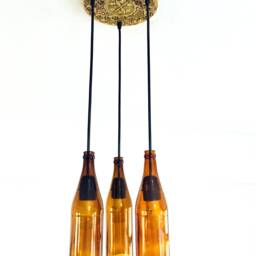 Victorian 3 Amber Beer Bottle Chandelier - Handcrafted Brass Plate Light Fixture - thumbnail 2