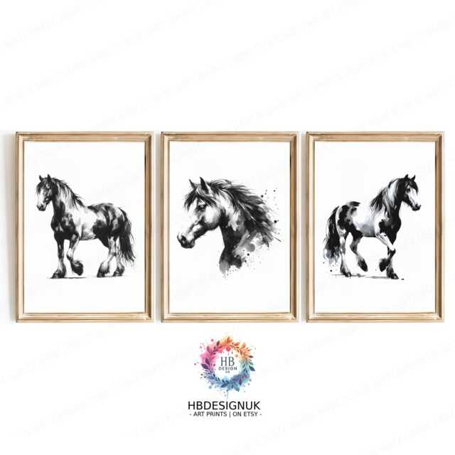 Watercolour Horse Wall Art - Set Of 3 Posters - Pony Prints Girl Room Girls Bedroom Decor Minimal Artwork Black & White - image 1