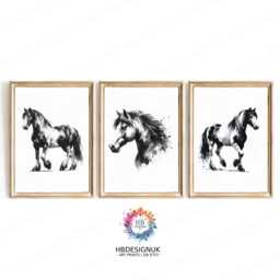 Watercolour Horse Wall Art - Set Of 3 Posters - Pony Prints Girl Room Girls Bedroom Decor Minimal Artwork Black & White - thumbnail 1