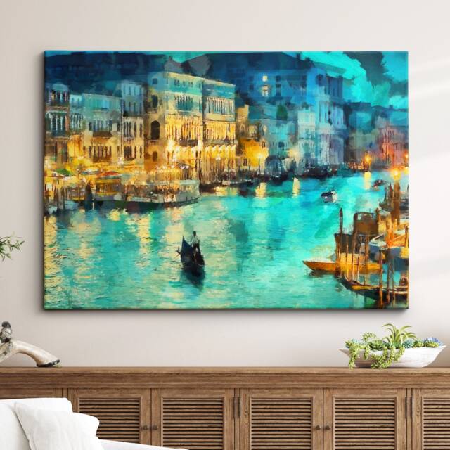 Venice Italy Gondola Boat Canal River Landmark Oil Painting Style Wall Art Framed Calming Canvas Poster Print Home/Office Room Decor Gifts - image 1