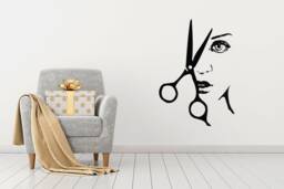 Hairdressing Wall Decals Beauty Salon Decal Hair Vinyl Stickers Woman Face & Scissor Combs Home Decor Na220 - thumbnail 1