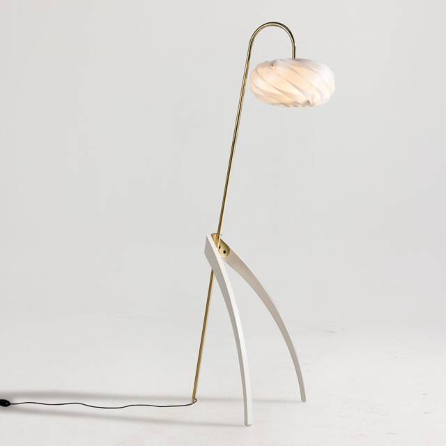 Mid Century Modern Floor Lamp - Gold Accent, White Shade, Tripod Stand - image 1