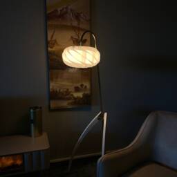 Mid Century Modern Floor Lamp - Gold Accent, White Shade, Tripod Stand - thumbnail 3