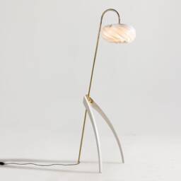 Mid Century Modern Floor Lamp - Gold Accent, White Shade, Tripod Stand - thumbnail 1