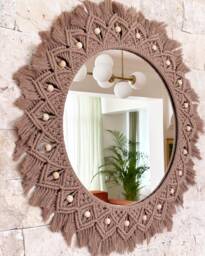 Latte Macrame Mirror, Wall Hanging Nursery Christmas Gift, Boho Home Decor, Decor - thumbnail 1