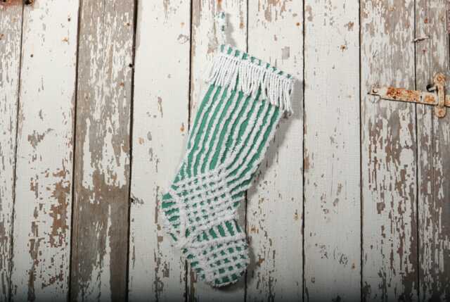 Fluffy Green & White Vintage Chenille Christmas Stocking With Matching Cuff - Wedding Ring, Flower - image 1