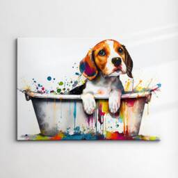 Beagle in Bathtub Abstract Dog Pet Animal Painting Splatter Wall Art, Framed Canvas Poster Print, Home Kitchen Office Room Decor, Gifts - thumbnail 3