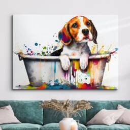 Beagle in Bathtub Abstract Dog Pet Animal Painting Splatter Wall Art, Framed Canvas Poster Print, Home Kitchen Office Room Decor, Gifts - thumbnail 1