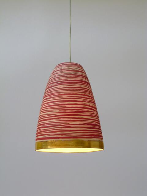 Porcelain Bell With Red Stripe & 14K Gold. Hanging Lamp - image 1