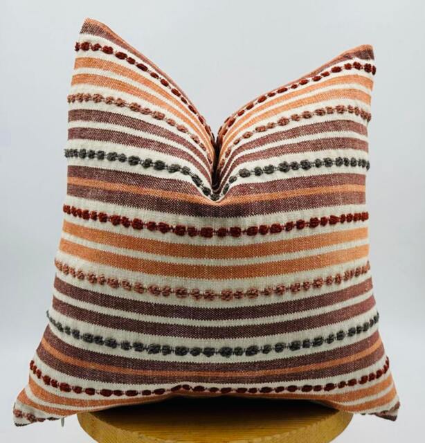 Orange Burgundy Striped Linen Pillow Cover, Tufted Woven Cushion - image 1